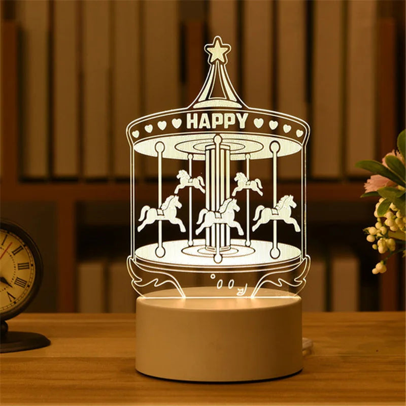 1pc USB Operated Night Light Creative 3D Acrylic Bedroom Bedside LED Table Lamp Ornaments Christmas Holiday Birthday Event Gift