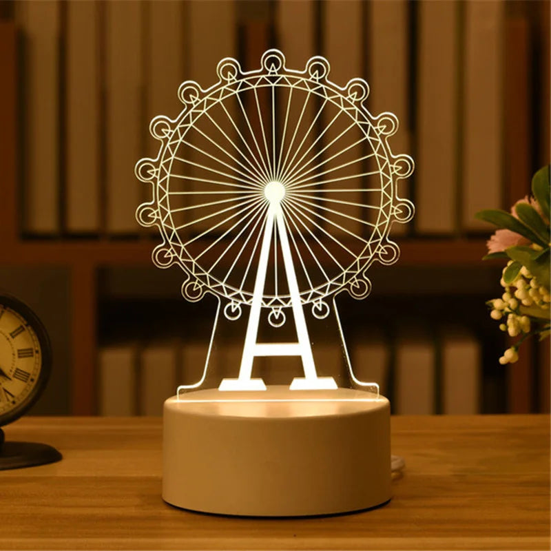 1pc USB Operated Night Light Creative 3D Acrylic Bedroom Bedside LED Table Lamp Ornaments Christmas Holiday Birthday Event Gift