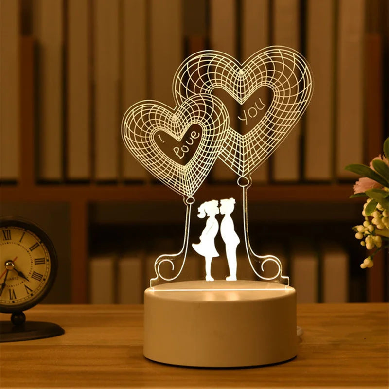 1pc USB Operated Night Light Creative 3D Acrylic Bedroom Bedside LED Table Lamp Ornaments Christmas Holiday Birthday Event Gift