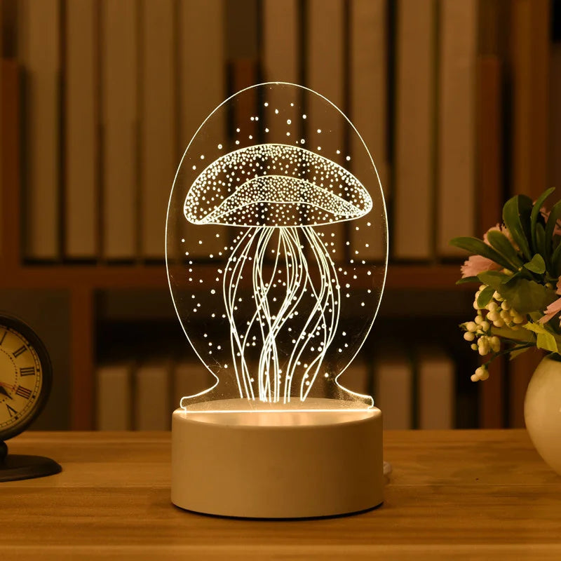 1pc USB Operated Night Light Creative 3D Acrylic Bedroom Bedside LED Table Lamp Ornaments Christmas Holiday Birthday Event Gift