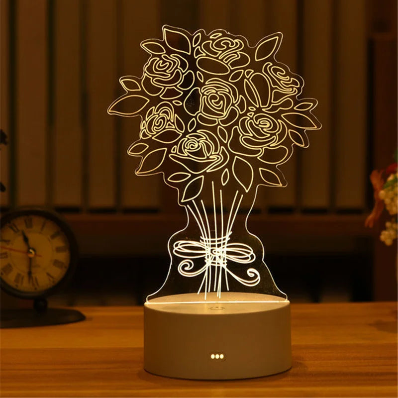 1pc USB Operated Night Light Creative 3D Acrylic Bedroom Bedside LED Table Lamp Ornaments Christmas Holiday Birthday Event Gift